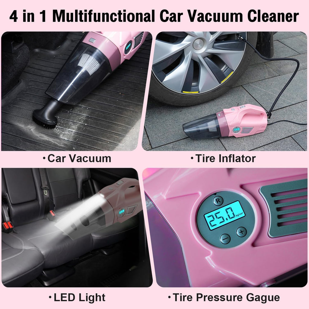Kit de limpieza de coche rosa, kit de detalles de 25 piezas para interior con aspiradora de mano 4 en 1, juego de cepillos para detalles, herramienta de limpieza de parabrisas 2 en 1, accesorios de automóvil para limpieza, regalo para mujeres