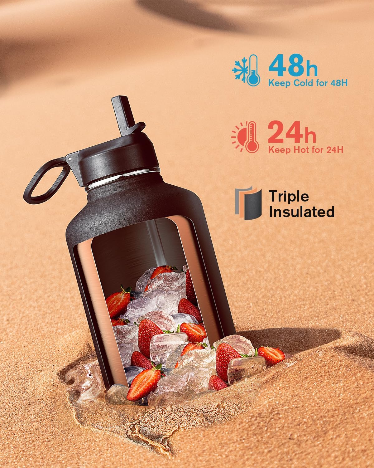 Coolflask botella de agua térmica de 64 onzas con tapa con popote y tapa con boca, botella de agua de medio galón con boca ancha, evita la condensación, sin bisfenol A, mantiene las bebidas frías durante 48 horas o calientes durante 24 horas, color negro