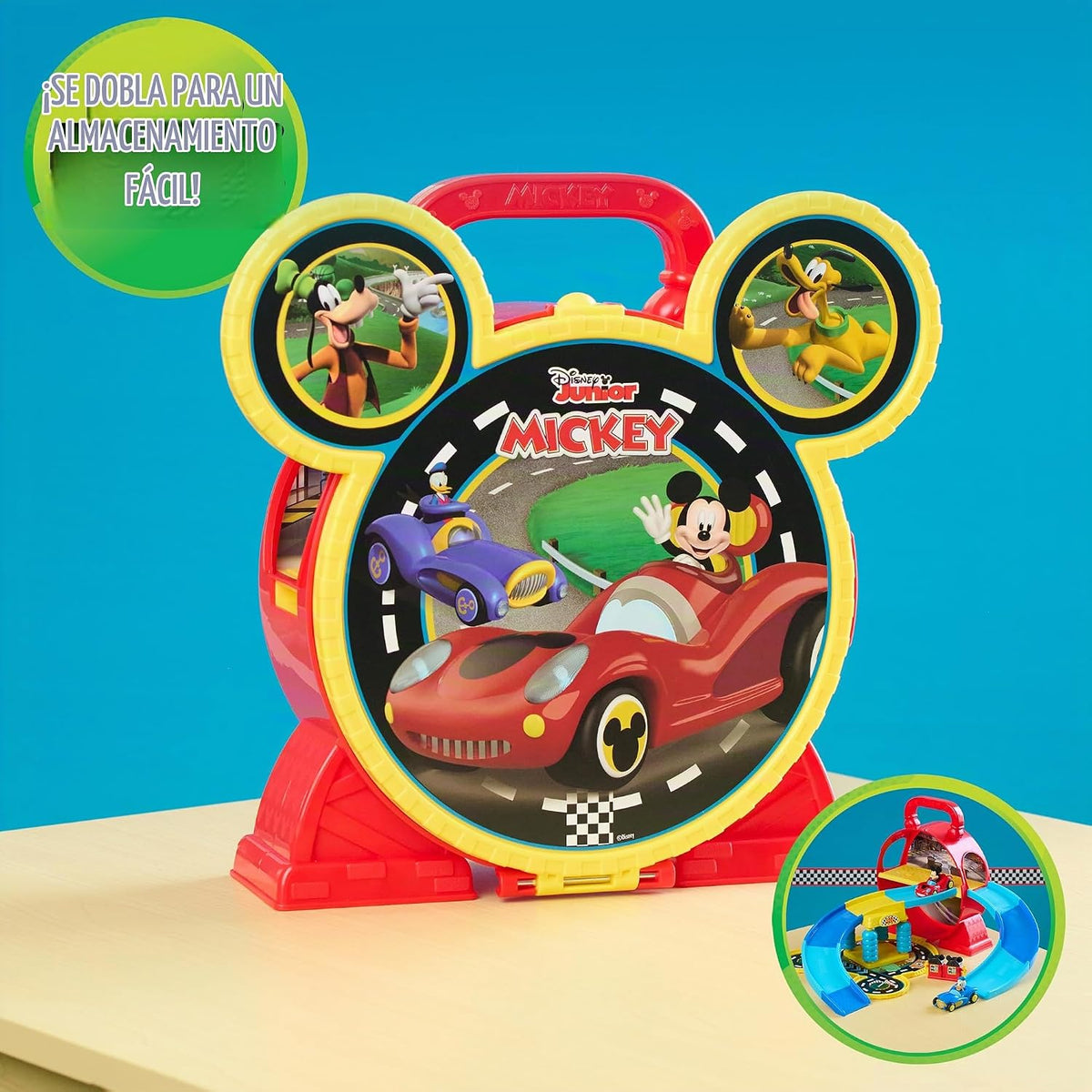 Disney Junior Mickey Mouse Stow 'n Go Garage Figura y juego de vehículo