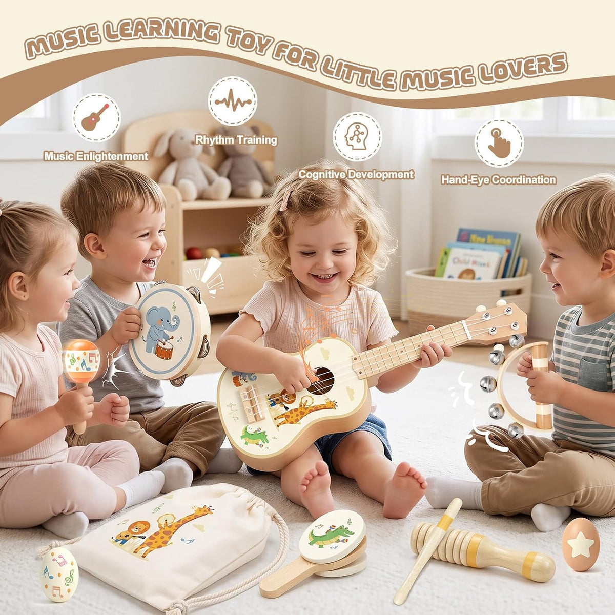 Juego de guitarra infantil de madera para niños y niñas de 2 a 4 años, instrumentos musicales Montessori 9 en 1 con ukelele/pandereta/maraca/agitadores de huevos