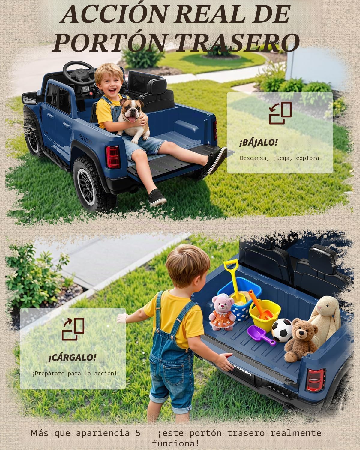 First Ride On Juguetes de paseo de 24 V para niños grandes, RAM 1500 RHO de 2 plazas con control remoto, camión alimentado por batería con suspensión de 4 ruedas, automóvil para niños pequeños con