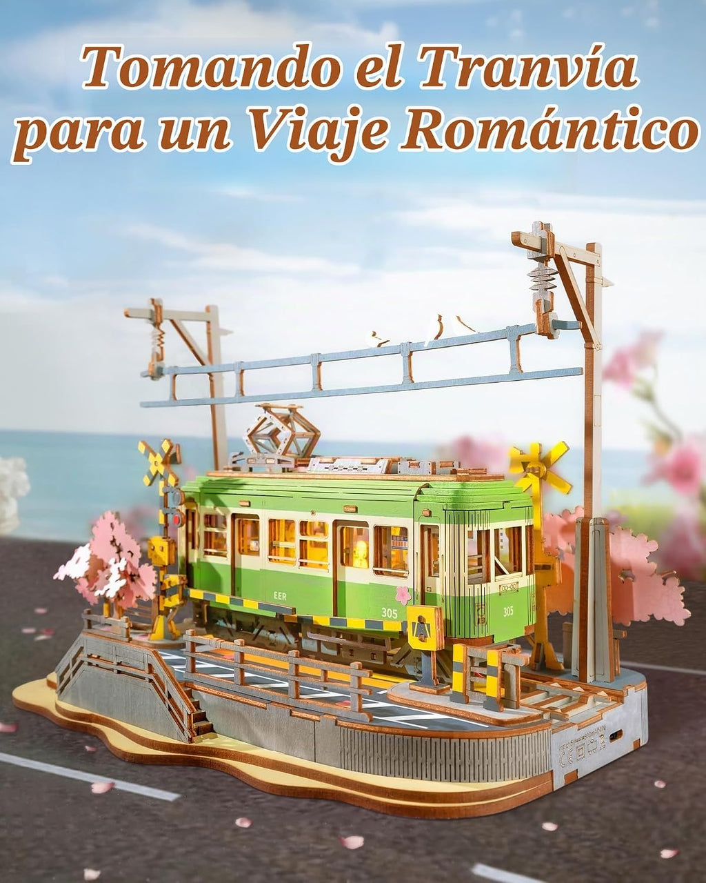 Rolife Sakura Journey Tram - Rompecabezas de madera 3D para adultos, kits de construcción de modelos de bricolaje con luces LED, regalo creativo para niños, regalo de pasatiempos y rompecabezas para