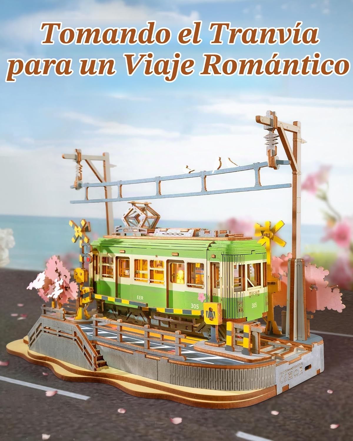 Rolife Sakura Journey Tram - Rompecabezas de madera 3D para adultos, kits de construcción de modelos de bricolaje con luces LED, regalo creativo para niños, regalo de pasatiempos y rompecabezas para
