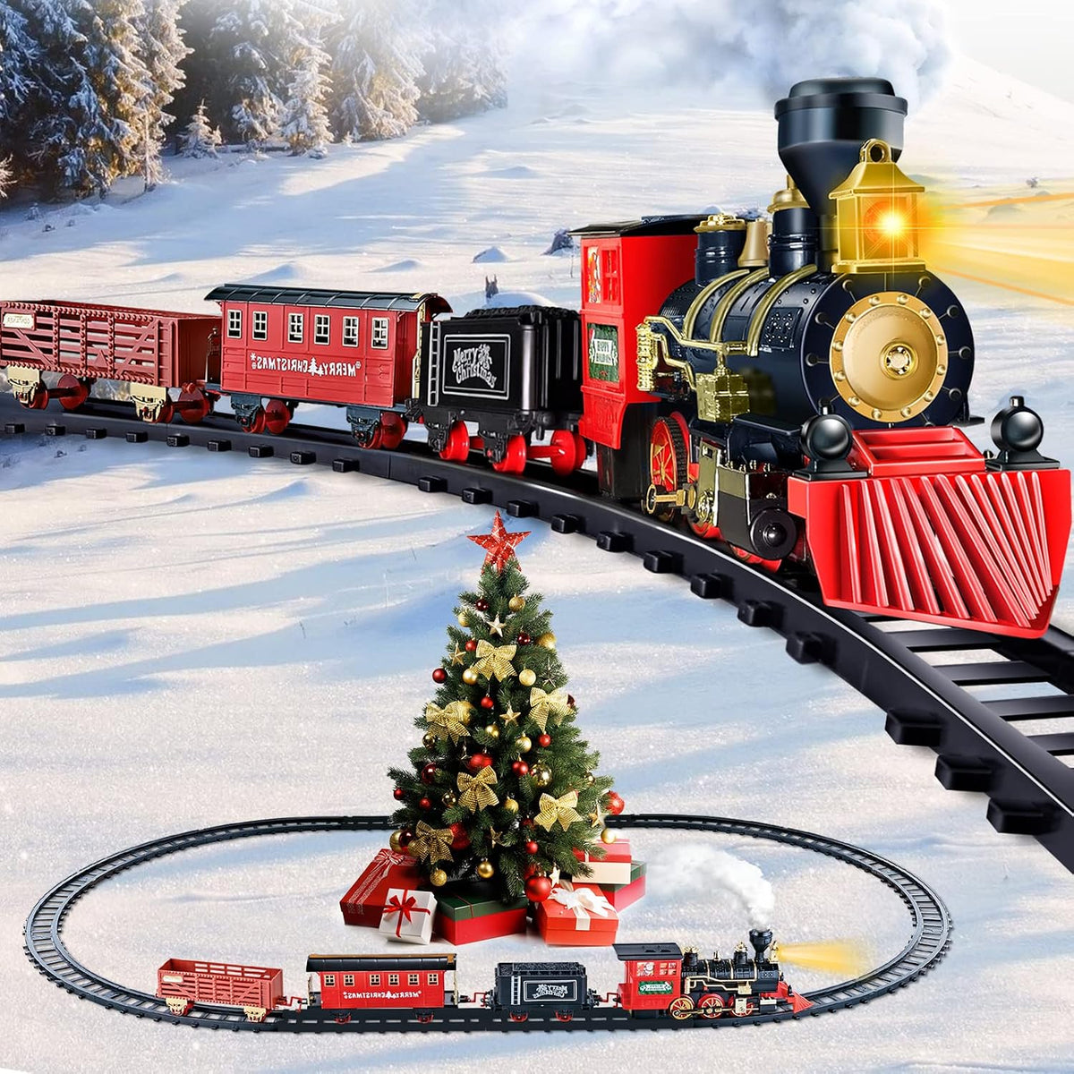 Juego de Tren BainGesk, Juego de Tren de Navidad con Vapor, Luz y Sonidos, Juguete de Tren Eléctrico para Niños y Niñas, Juego de Tren de Navidad para Debajo del Árbol, Regalos para Niños de 3, 4, 5