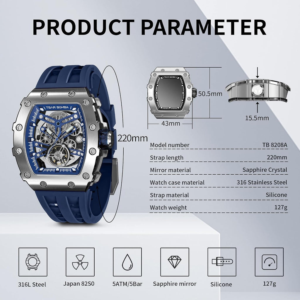 TSAR BOMBA Reloj de Lujo Masculino Automático 50M Resistente al Agua Movimiento Mecánico Japonés Caja de Acero Inoxidable Tonneau Cristal de Zafiro Esfera Grande Tipo Cool Moda Único Regalo para Hombre