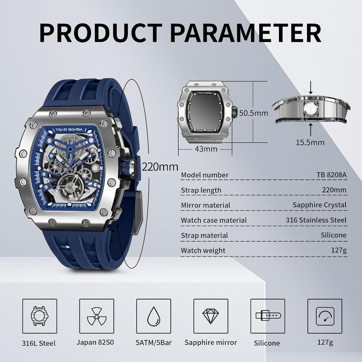 TSAR BOMBA Reloj de Lujo Masculino Automático 50M Resistente al Agua Movimiento Mecánico Japonés Caja de Acero Inoxidable Tonneau Cristal de Zafiro Esfera Grande Tipo Cool Moda Único Regalo para Hombre