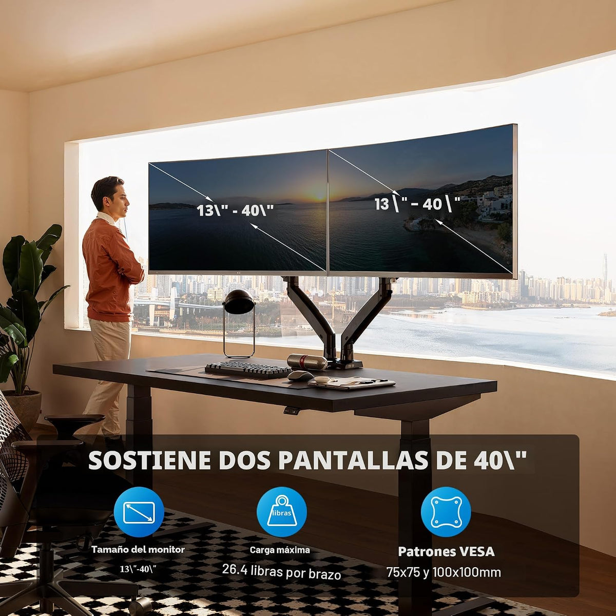 HUANUO Soporte de monitor doble para 13 a 40 pulgadas, soporte de monitor doble premium con USB, soporte de monitor de altura ajustable para 2 monitores, montaje VESA con base de abrazadera/ojal, soporta 26.4 libras por brazo, HNDS7