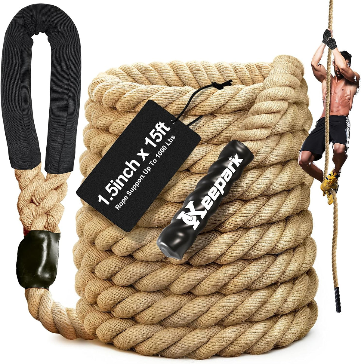 Cuerda de escalar para gimnasio - Cuerdas de ejercicio de 1.5 pulgadas de diámetro en longitudes de 10FT, 15FT, 20FT, 25FT, 30FT, 35FT, 40FT, 50FT para fitness y entrenamiento de fuerza, cuerda de escalada para adultos en casa, interior o exterior