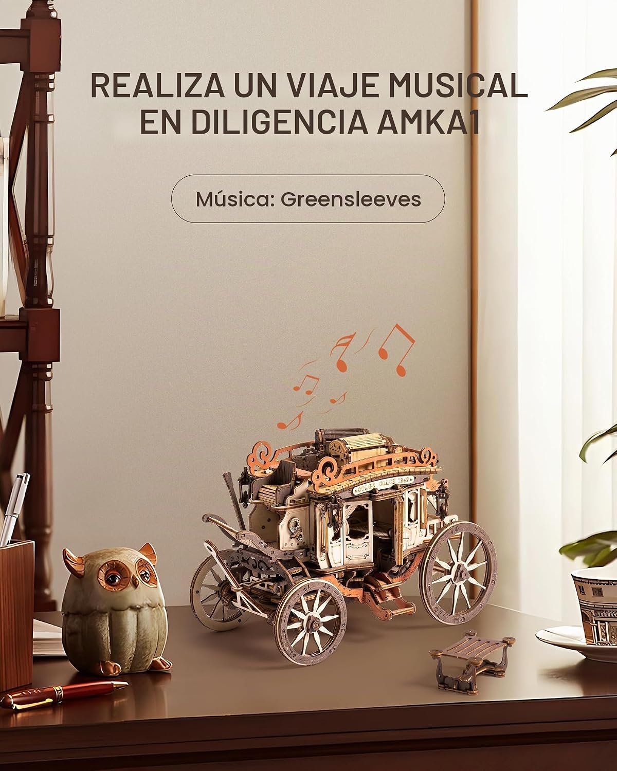 ROBOTIME Caja de rompecabezas de madera con caja de música Stagecoach AMKA1, regalo de día de San Valentín Rompecabezas de madera 3D para adultos, modelo mecánico 3D para construir, regalo de