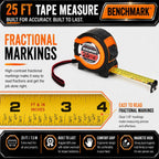Benchmark - Paquete de 3 - Cinta métrica de 25 pies - Fracciones fáciles de leer a 1/8 de pulgada - Punta magnética - Pulgar y bloqueo rápido - Autowind - Clip para cinturón - Naranja/Rojo