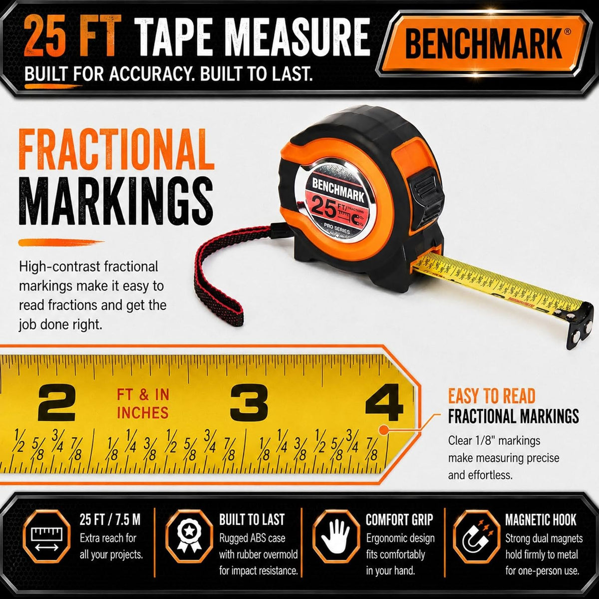 Benchmark - Paquete de 3 - Cinta métrica de 25 pies - Fracciones fáciles de leer a 1/8 de pulgada - Punta magnética - Pulgar y bloqueo rápido - Autowind - Clip para cinturón - Naranja/Rojo