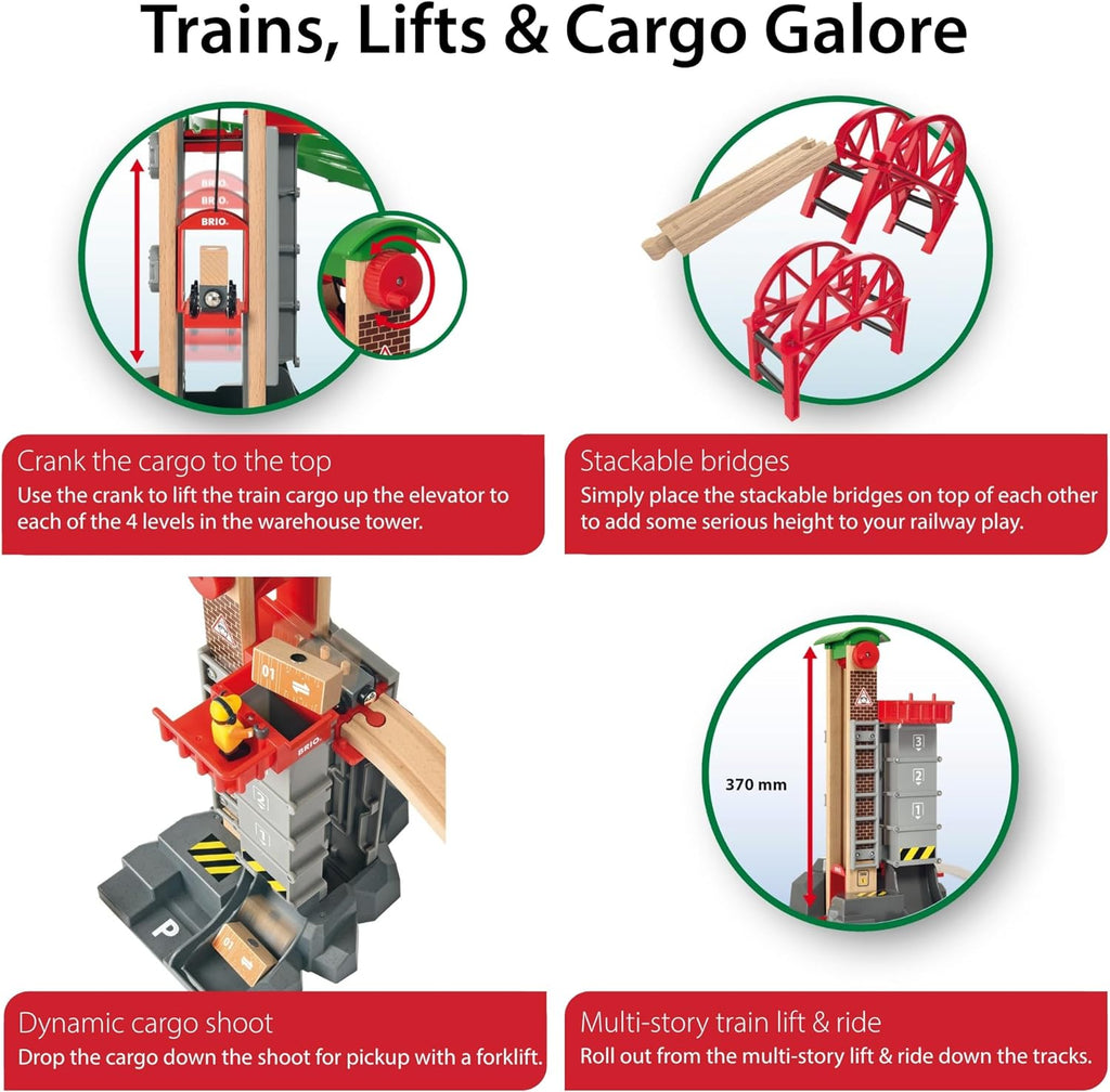 BRIO World Lift & Load Warehouse Set - 32-Piece Wood Train Set - Works con All Wooden Railway Sets - Includes 4-Level Elevator, Vehicles, Tracks & Full Station - MESH Accredited para Ages 3+