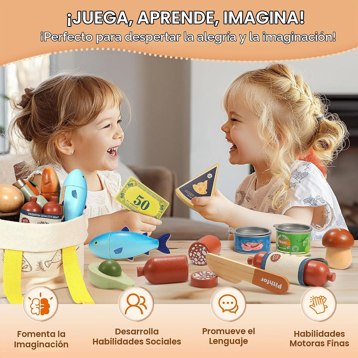 Juego de comida de madera para niños pequeños, tienda de comestibles, comida de juego de simulación, compras y juegos, accesorios de cocina para niños y niñas