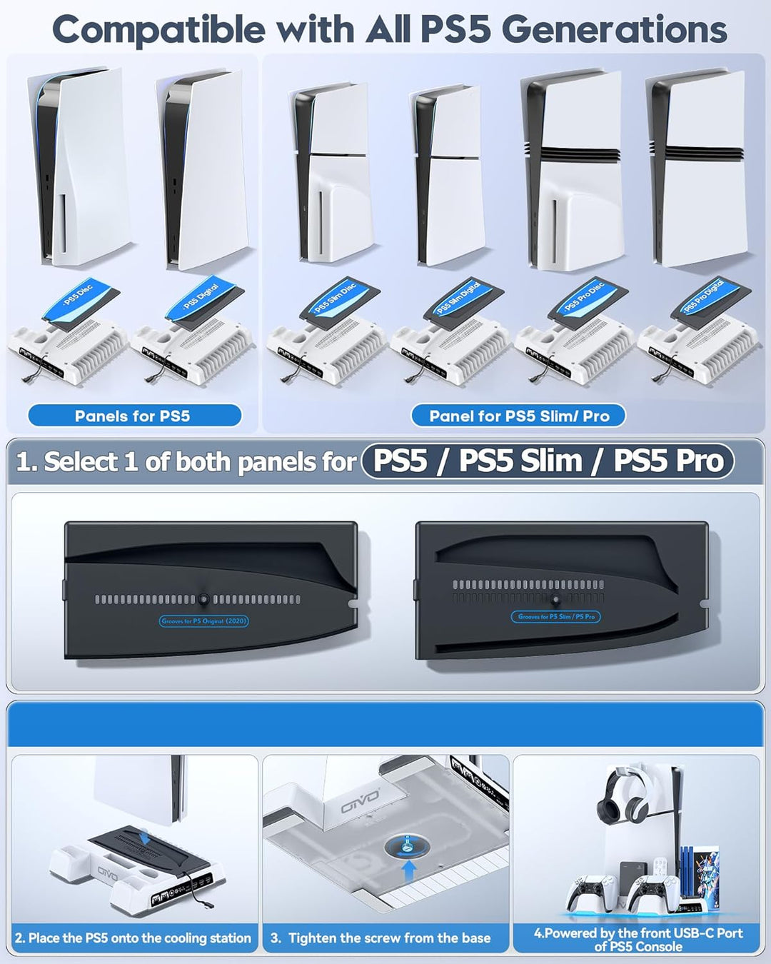 OIVO PS5\/Slim\/Pro Stand and Cooling Station with LED Controller C...