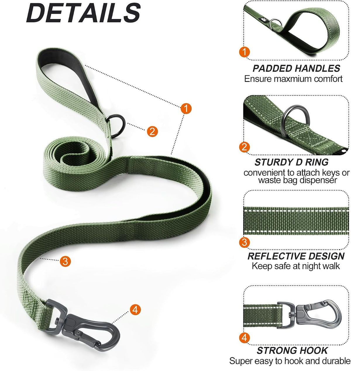 Correa para perros de 6 pies y 1 pulgada, resistente, verde, con 2 asas acolchadas, asa de tráfico para control extra, cómoda asa doble suave, gancho de bloqueo automático, correa reflectante