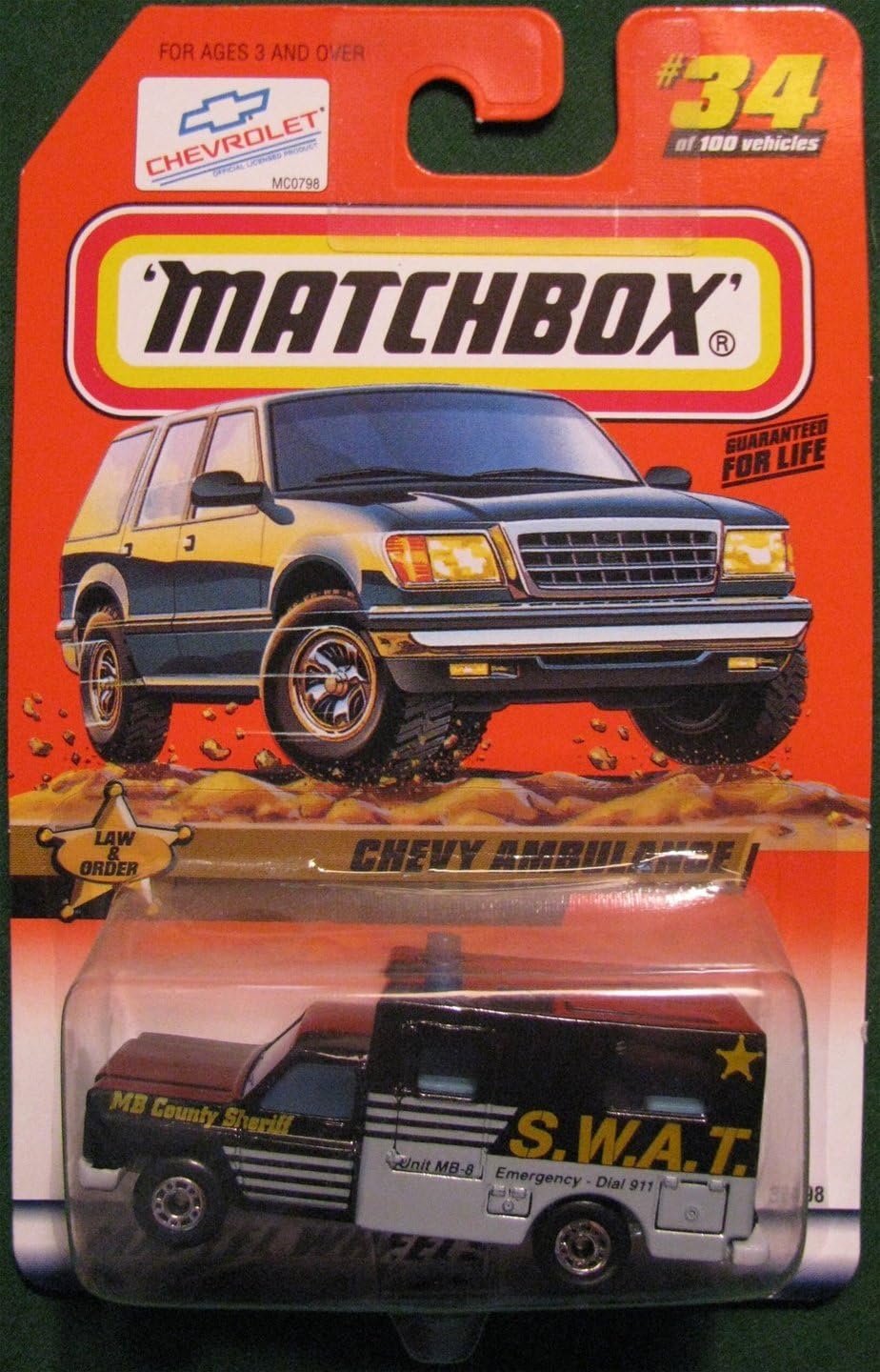 Matchbox Ley y orden Chevy Ambulance SWAT Azul #34