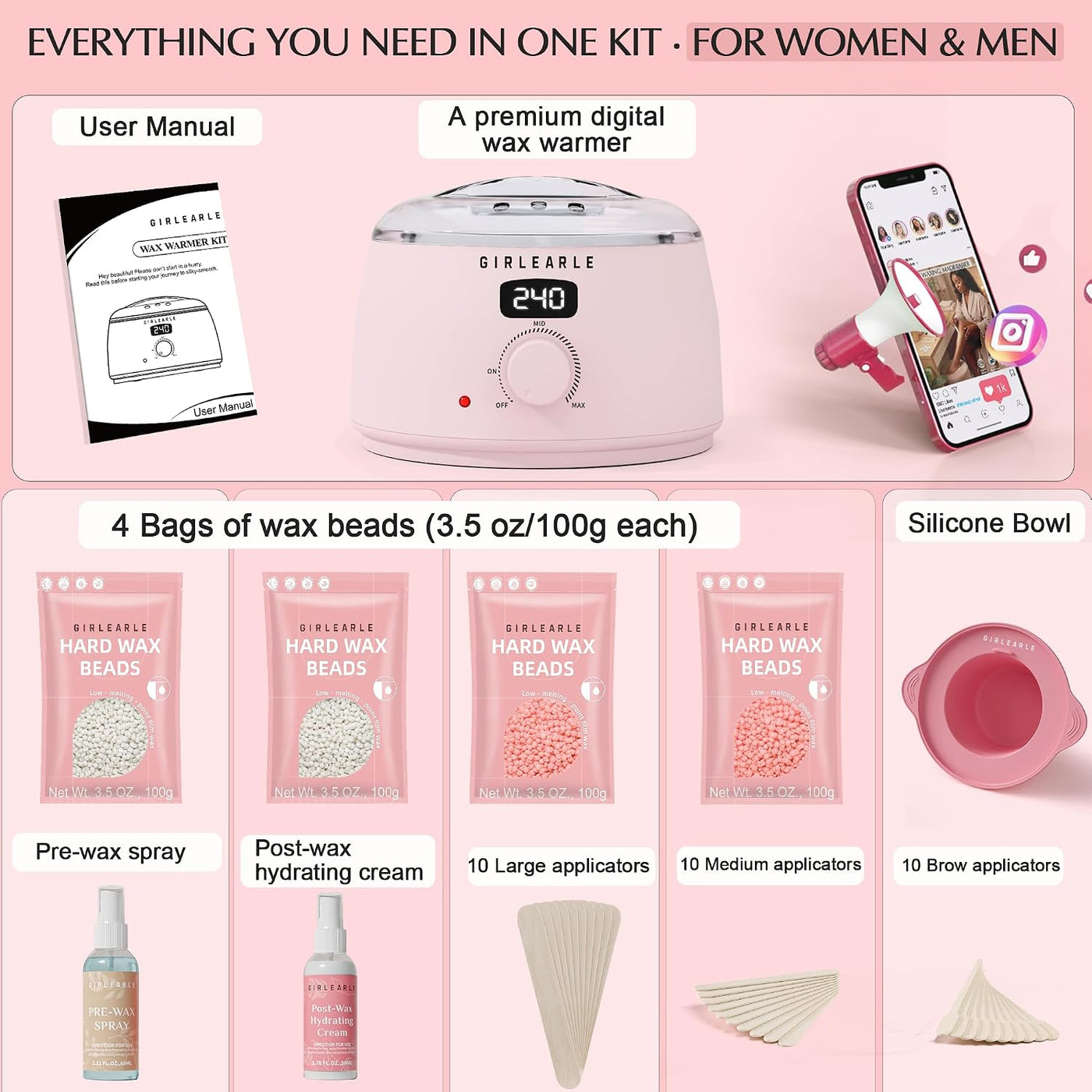 GIRLEARLE Kit de cera digital premium para mujeres con piel sensibl...