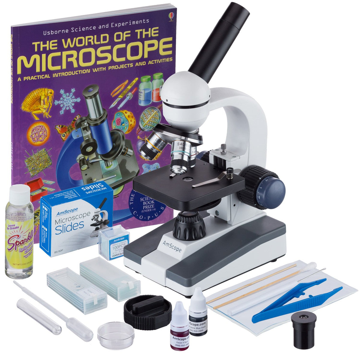 AmScope Microscopio Compuesto Monocular Portátil para Estudiantes Serie M150 - Aumento 40X-1000X - Viene con 50 Portaobjetos en Blanco, 100 Cubreobjetos y Más