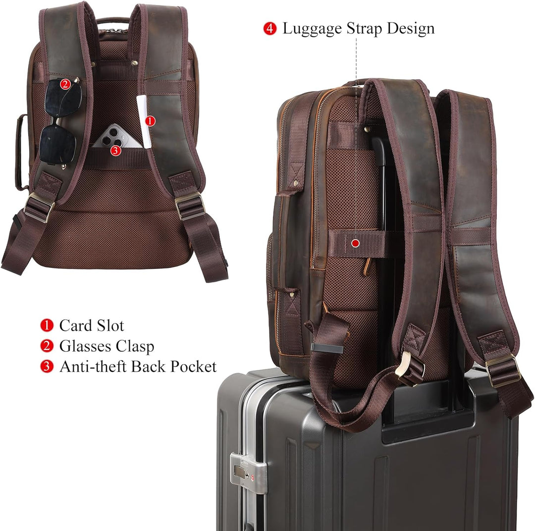 TIDING Mochila para portátil de cuero de grano completo de 17.3 pul...