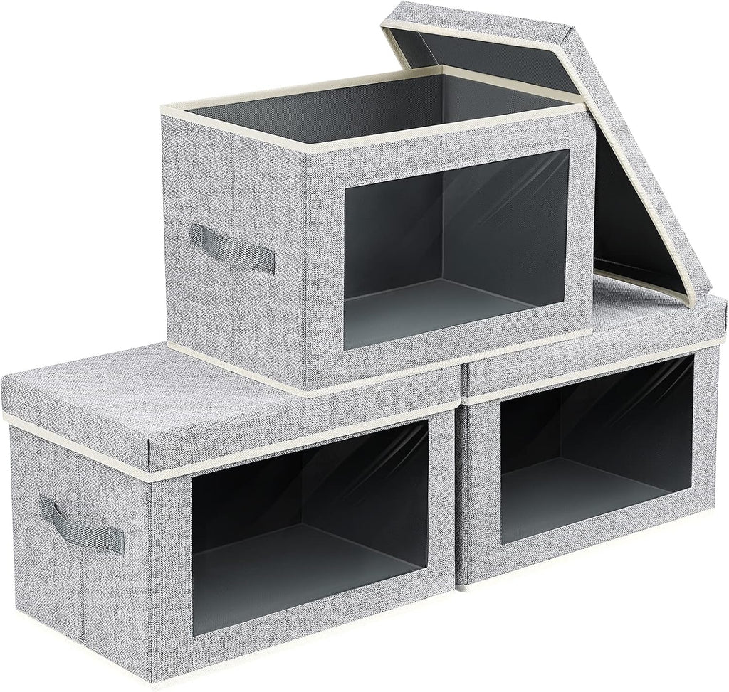 Cajas de Almacenamiento de Tela con Tapas - 3 Paquetes de Cubos de Almacenamiento con Ventana, Cajas de Almacenamiento Plegables para Estantes, Cajas de Almacenamiento para Armario para