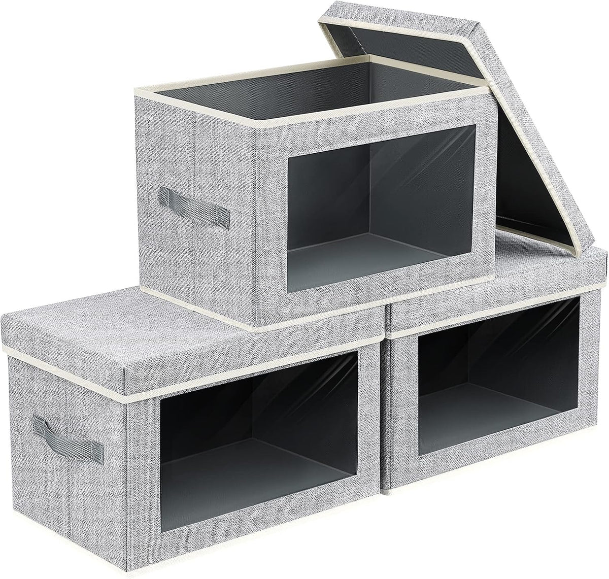Cajas de Almacenamiento de Tela con Tapas - 3 Paquetes de Cubos de Almacenamiento con Ventana, Cajas de Almacenamiento Plegables para Estantes, Cajas de Almacenamiento para Armario para