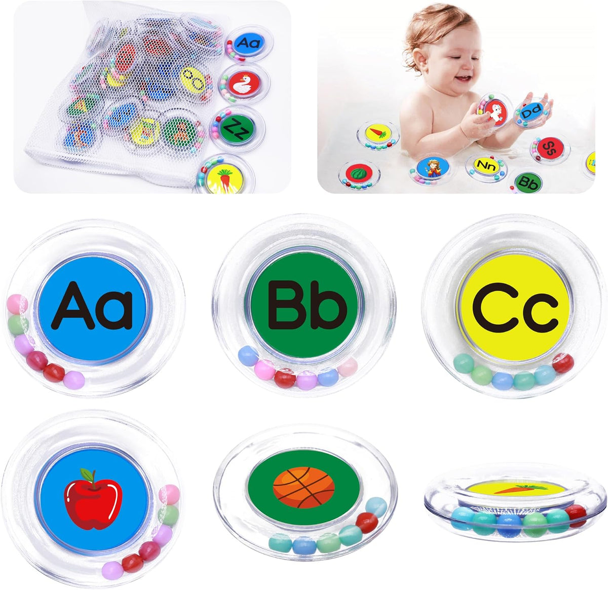 BeneSesqiu - 26 piezas de letras flotantes del alfabeto, juguetes de baño sin moho, juguetes de piscina de agua con bolsa de malla para niños y bebés de 2, 3 y 4 años, regalos educativos de aprendizaje preescolar ABC