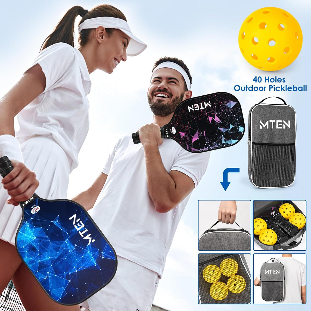 MTEN Palas de Pickleball Set de 2/4/1 Aprobadas USAPA; Raquetas de Fibra de Vidrio