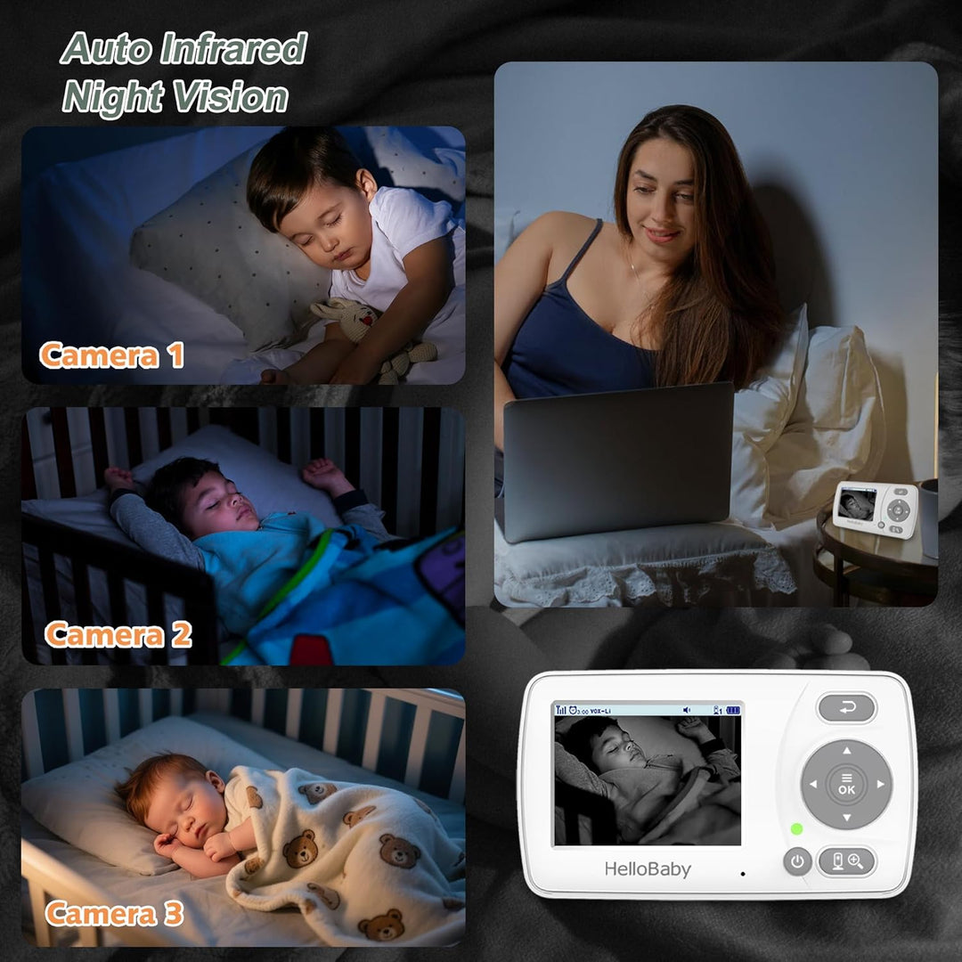 HelloBaby Monitor con 3 cámaras, pantalla de viaje portátil de 2.4...