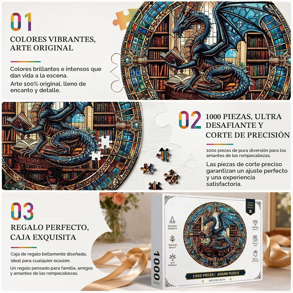 Rompecabezas Redondos para Adultos 1000 Piezas, Rompecabezas Difíciles y Desafiantes para Adultos, Rompecabezas de 1000 Piezas de la Biblioteca del Dragón para Personas Mayores, Rompecabezas