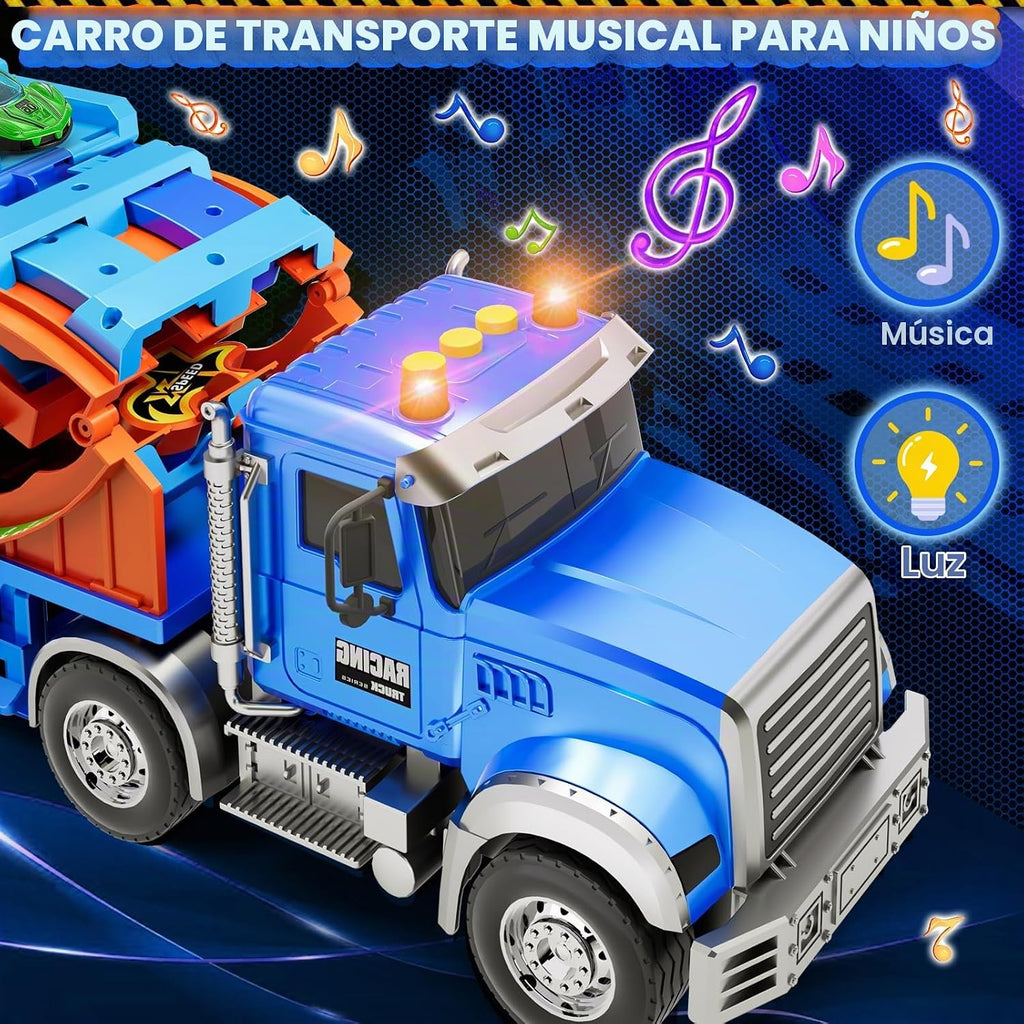 Juguetes para niños de 3, 4, 5, 6, 7, 8 años, camión transportador con sonidos de luces, regalo de cumpleaños de Navidad para niños pequeños, juego de pista de carreras de autos de capa plegable con pista de carreras, 6 autos de juguete de metal