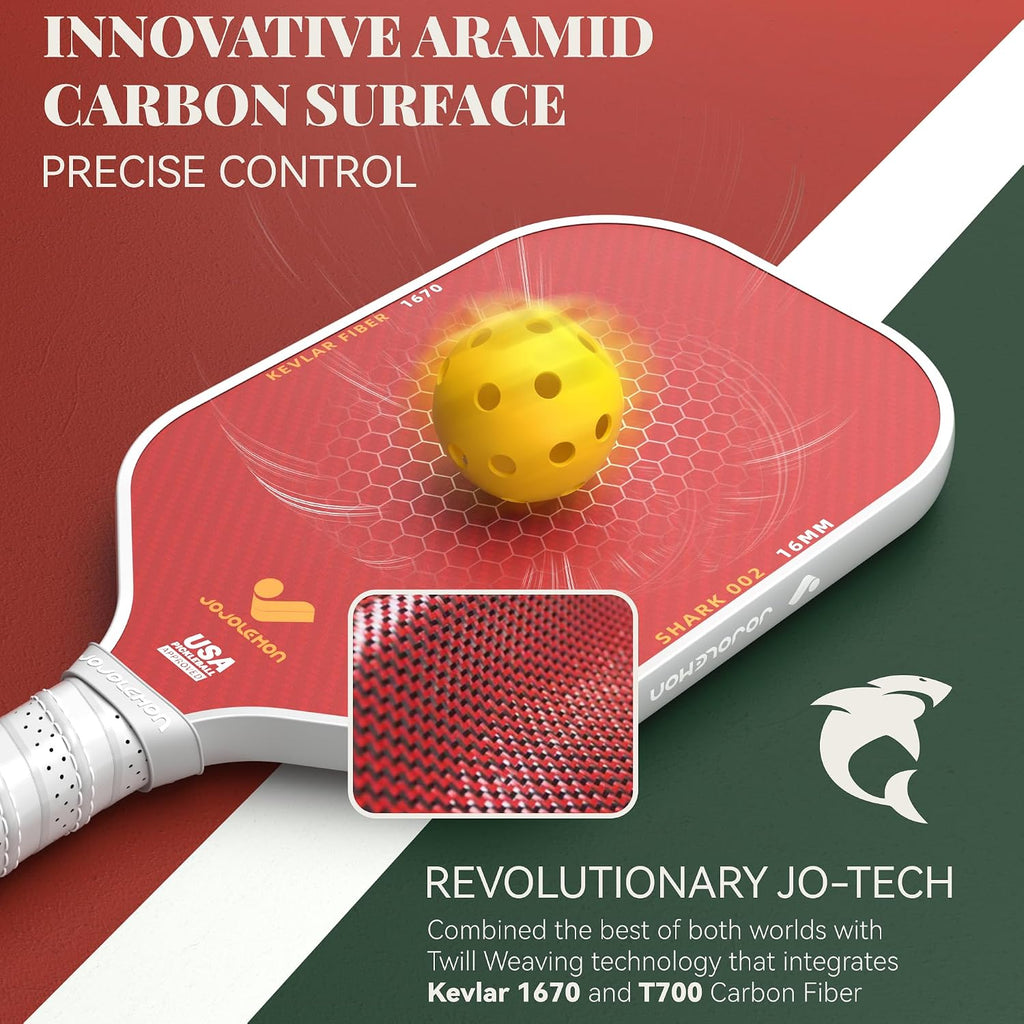JOJOLEMON Paletas de pickleball, pala de fibra de carbono con un núcleo de polímero Shark Power de 0.63 pulgadas, las raquetas de pickleball diseñadas para un giro y consistencia definitivos