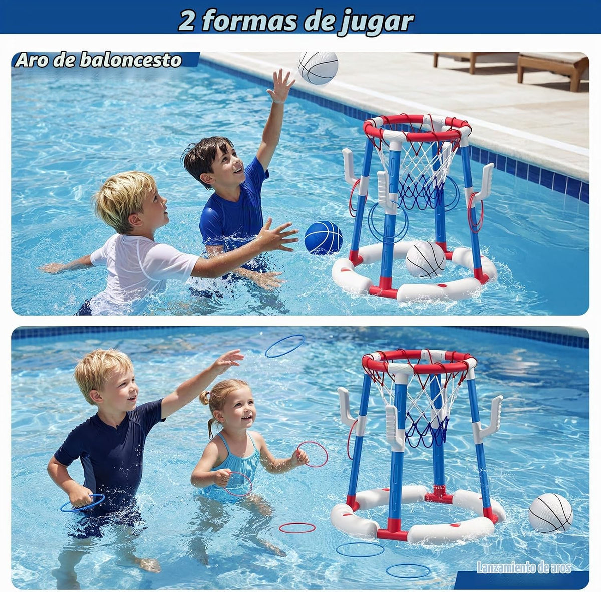 Juego de aro de baloncesto y lanzamiento de anillos 2 en 1 para piscina, base estable antipunta, incluye 4 pelotas de baloncesto, 8 anillos/bomba de bomba, juguetes flotantes de verano para piscina