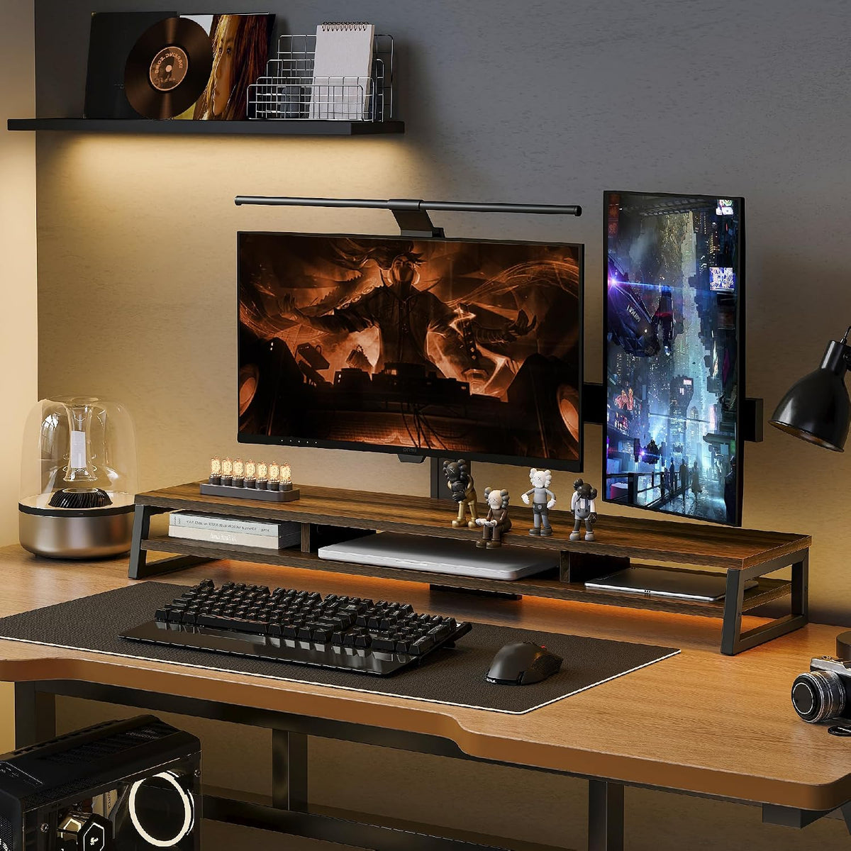 Fenge - Elevador de monitor doble para escritorio, estante abierto con 3 compartimentos de almacenamiento