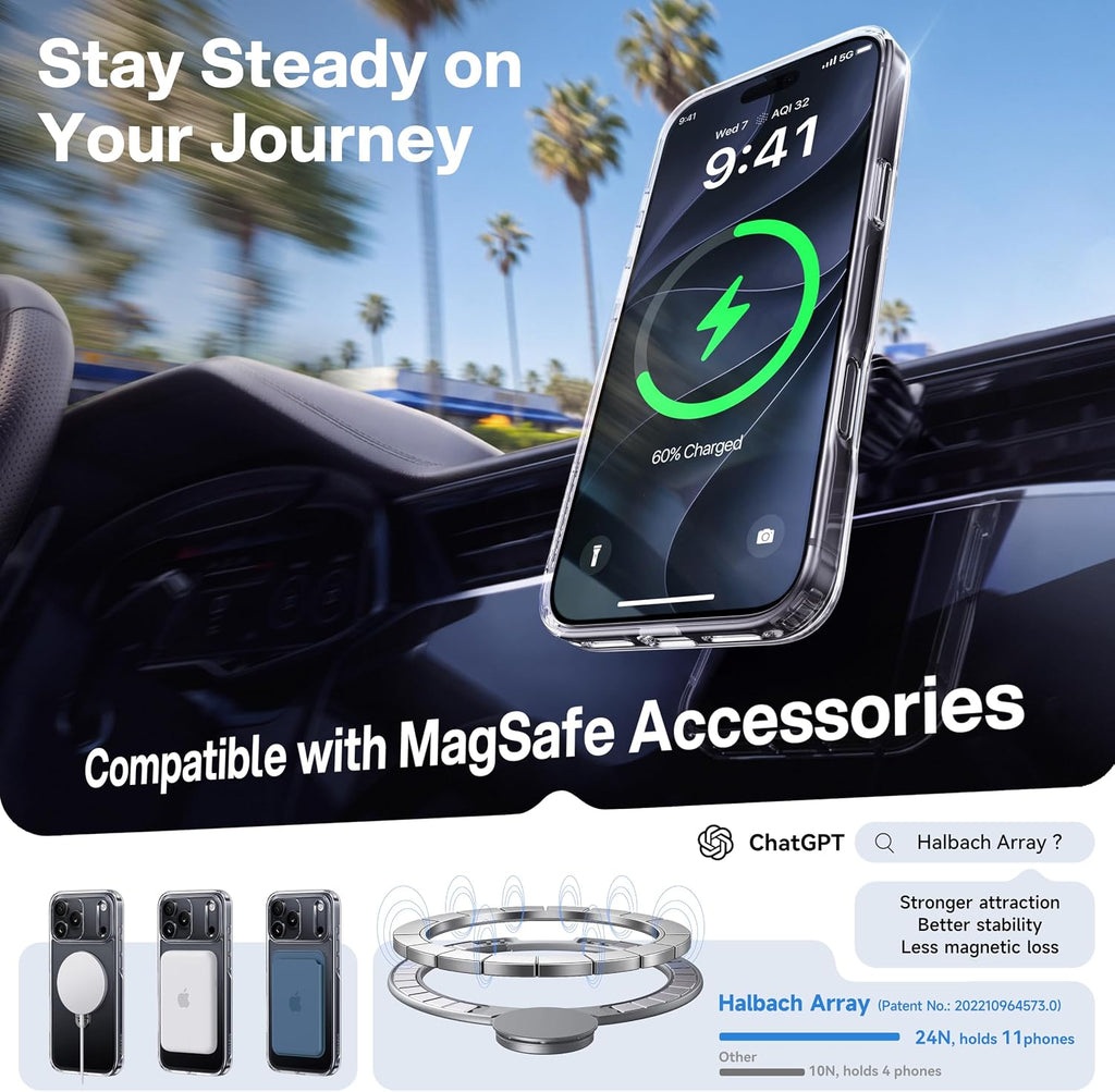 CASEKOO Funda para iPhone 17 Pro con soporte magnético giratorio de 360 grados compatible con MagSafe, protección militar contra caídas de 17 pies con soporte de 6.3 pulgadas, transparente