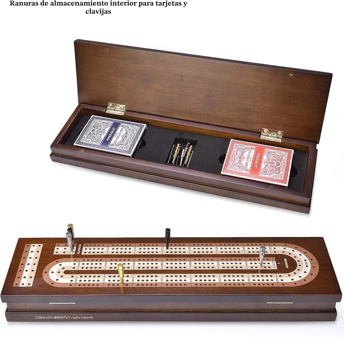 AMEROUS Juego de Cribbage de Mesa de Madera con Bloqueo Magnético - Clavijas de Metal - 2 Cartas de Juego - Tablero Continuo de 3 Vías - Área de Almacenamiento Más Grande, Juegos de Cribbage