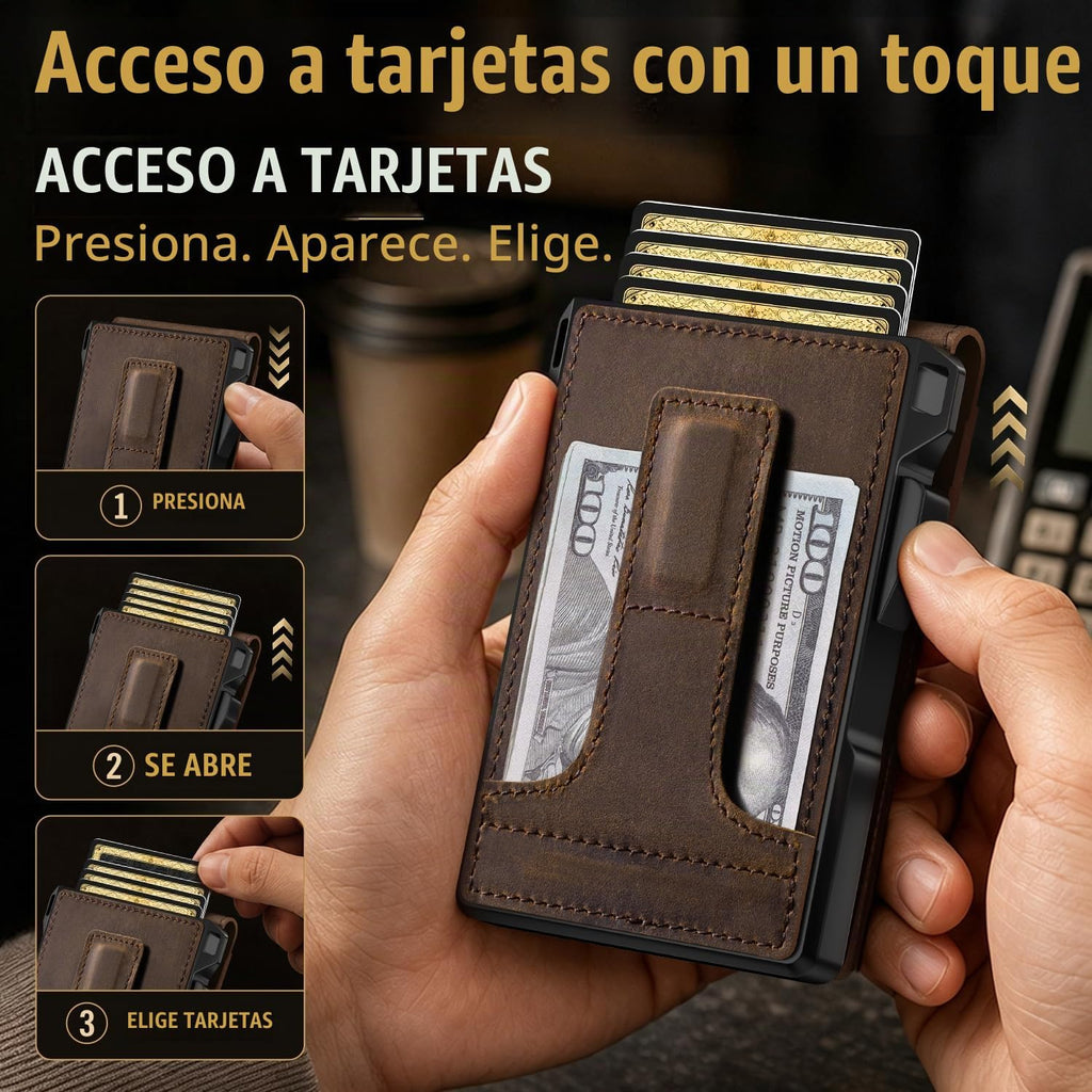 RUNBOX Cartera plegable de cuero genuino para hombres, tarjetero delgado