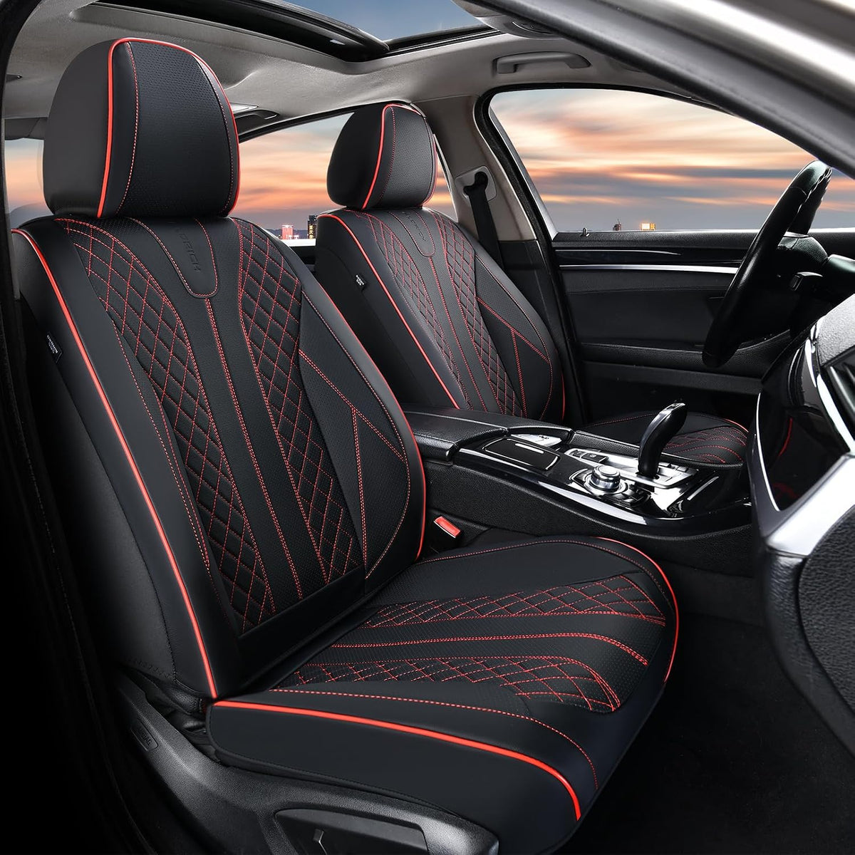 Fundas de asiento de cuero para asiento delantero y trasero, fundas de asiento de automóvil de 5 asientos, fundas de asiento impermeables para automóviles, ajuste universal para la mayoría de automóviles, SUV, camiones, línea negra y roja