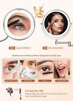 Espejo de aumento 10x con luz, espejo de maquillaje de viaje flexible de