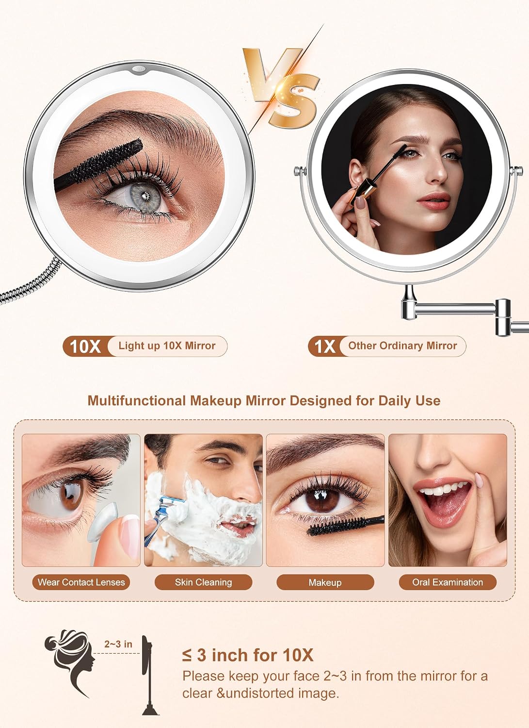 Espejo de aumento 10x con luz, espejo de maquillaje de viaje flexible de