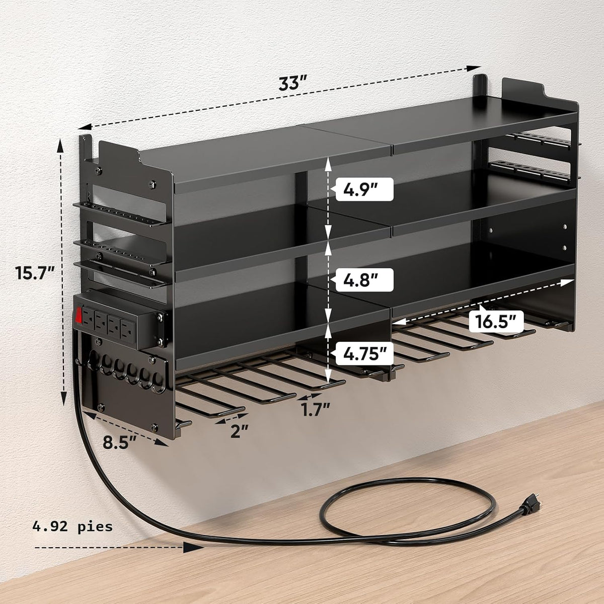 Organizador grande de herramientas eléctricas de montaje en pared con estación de carga, 4 capas de metal resistente para almacenamiento de herramientas, carga de 600 libras con 8 soportes de