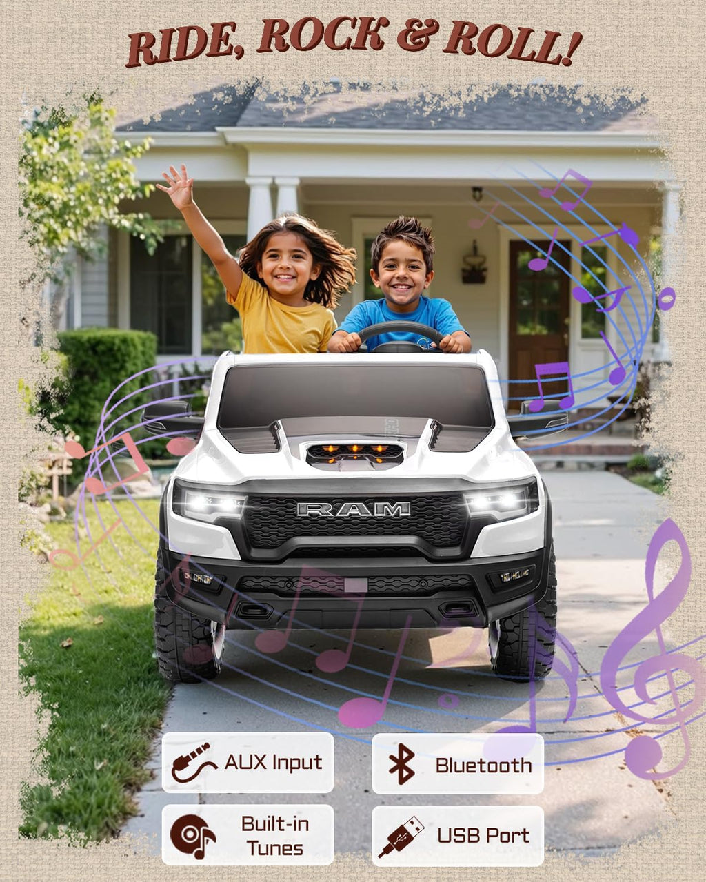 First Ride On - Auto eléctrico de 2 plazas para niños, con licencia RAM 1500 RHO 24V con control remoto, juguetes de paseo para niños con Bluetooth, luces LED, espaciosa cama de camión, palanca de