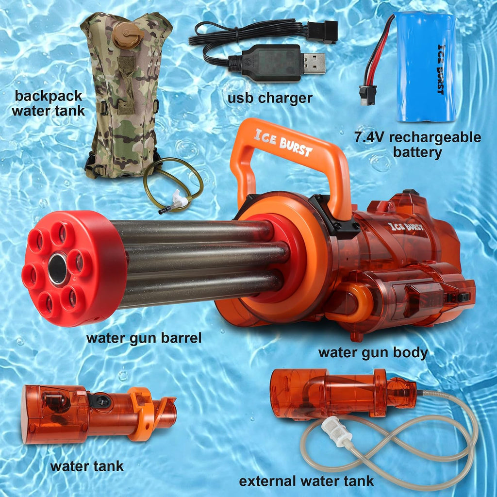 Gatling - Pistola de agua eléctrica con tanque de mochila, barril de