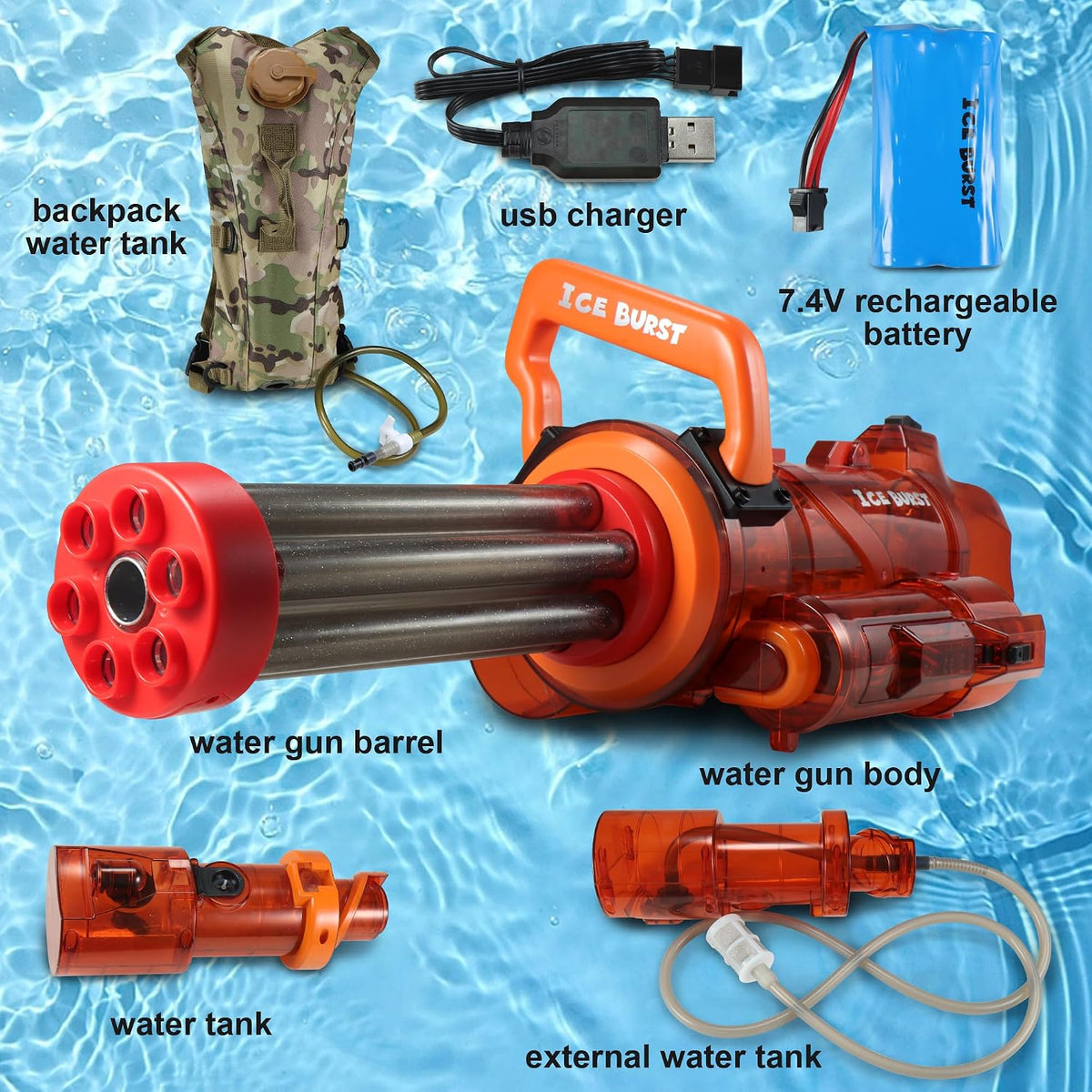 Gatling - Pistola de agua eléctrica con tanque de mochila, barril de