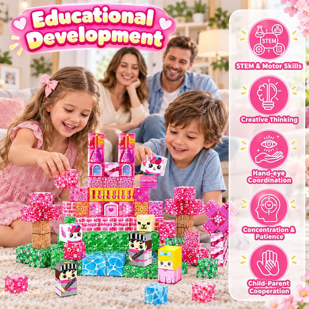 Bloques magnéticos – 100 cubos magnéticos de bloques de construcción, bloques magnéticos transparentes, castillo de princesa, juegos de construcción para niños, juguetes de imanes apilables STEM