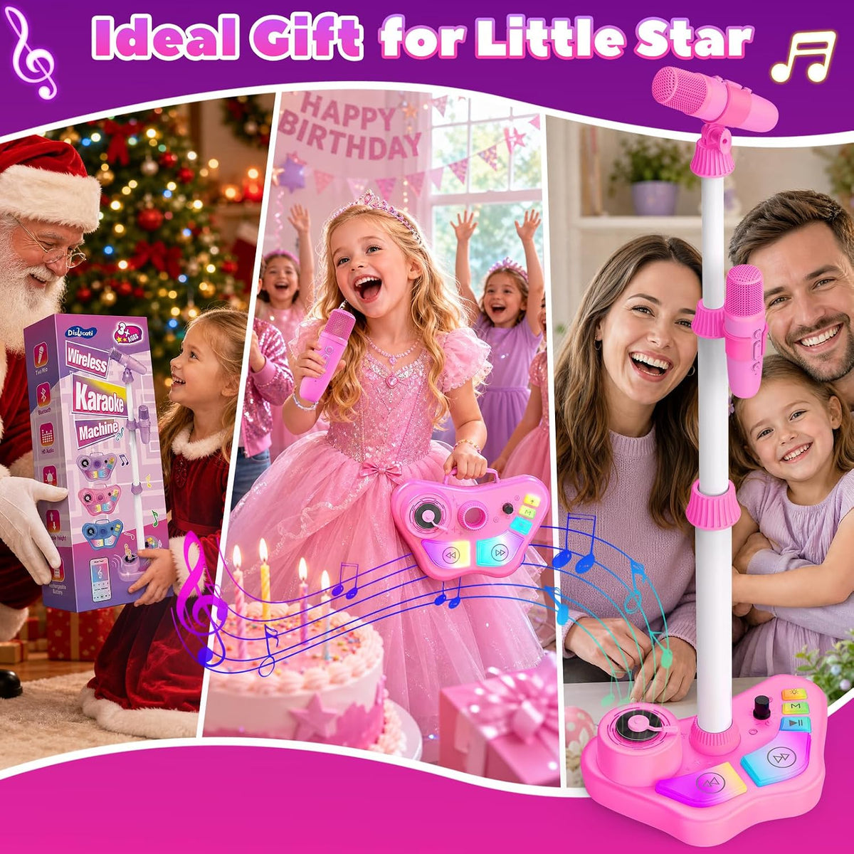 Máquina de karaoke recargable para niños con soporte ajustable, 3-5, 4, 6, 7, 8 años, micrófono inalámbrico, altavoz Bluetooth con 2 micrófonos, regalo de cumpleaños para niñas de 3 a 8 años