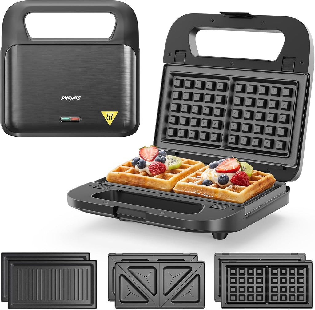 Sandwichera eléctrica 3 en 1 con placas antiadherentes extraíbles, 750 W, color negro para gofres belgas/panini/parrilla/desayuno, apto para lavavajillas, mango de tacto frío, fácil de limpiar y