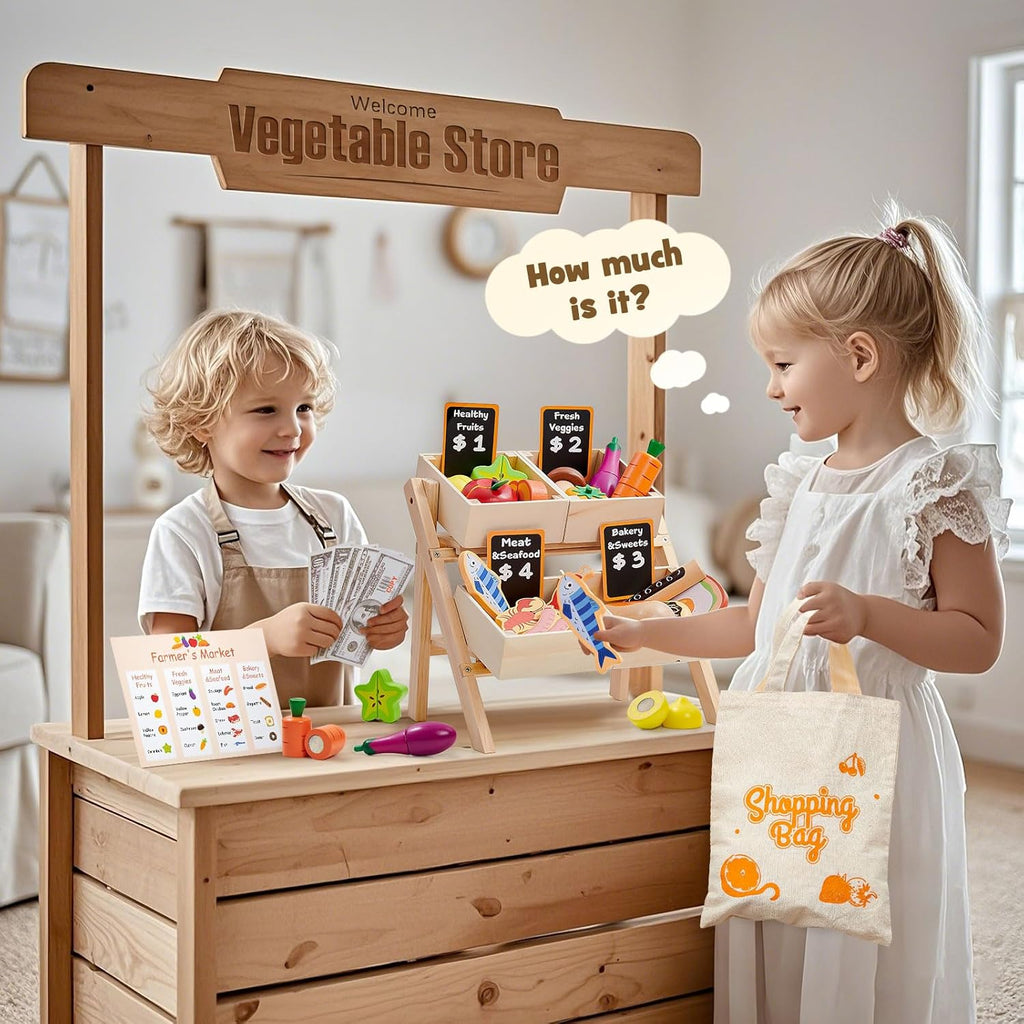 Toyssa Juego de 40 piezas de alimentos de madera con estante de tienda de comestibles y juguetes de corte, accesorios de cocina para niños pequeños, agricultores educativos, regalos de juego de rol para niñas y niños de 3 a 7 años