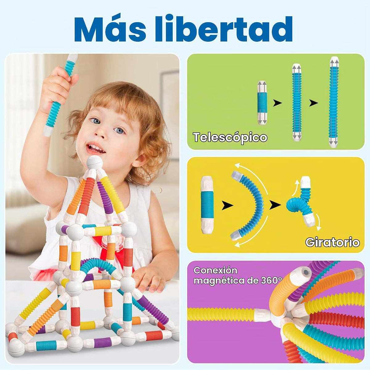 ROUSKY Juego de construcción de bloques de construcción magnéticos, 66 piezas, juguete educativo STEM con tubos flexibles y conectores (66 piezas)