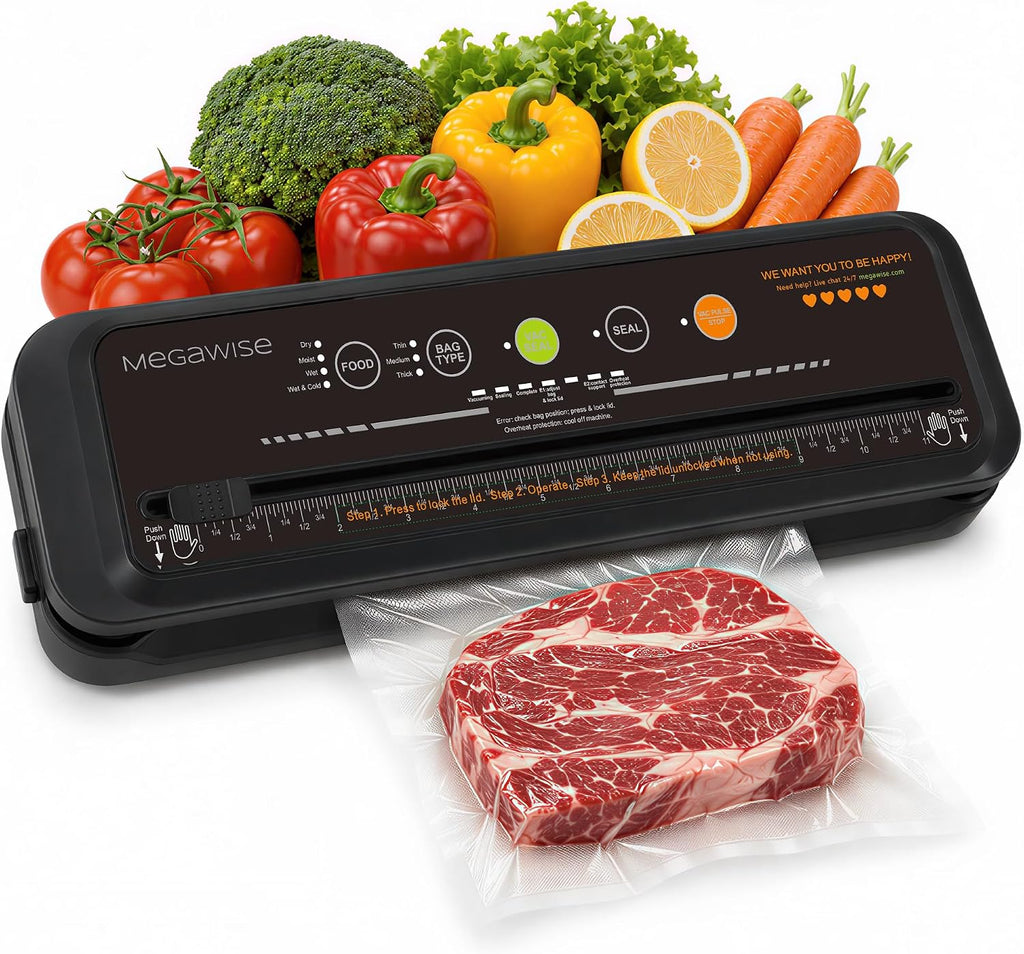 MEGAWISE Modelo B 2025 Selladora al Vacío | Potente y Compacta | Selladora Automática de Alimentos con un Solo Toque para Alimentos Fríos, Húmedos, Frescos y Secos | Compatible con Bolsas Gruesas