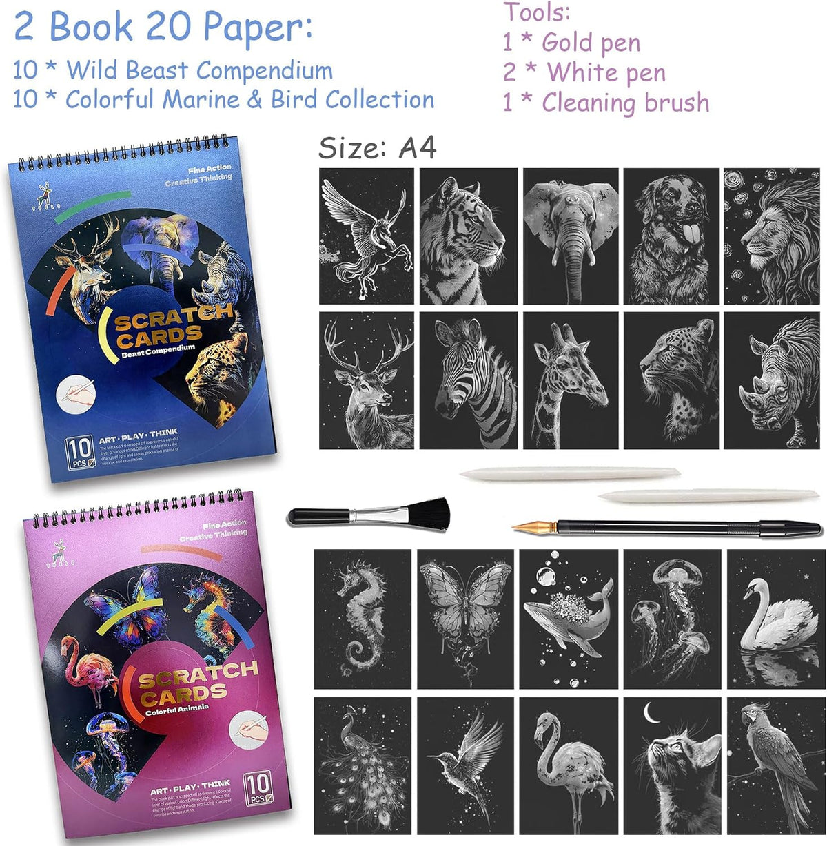 Libro de arte en espiral de 20 páginas para adultos y adolescentes: bestia salvaje y coloridos diseños de animales marinos | Artesanía de atención plena para alivio del estrés | Regalo creativo para